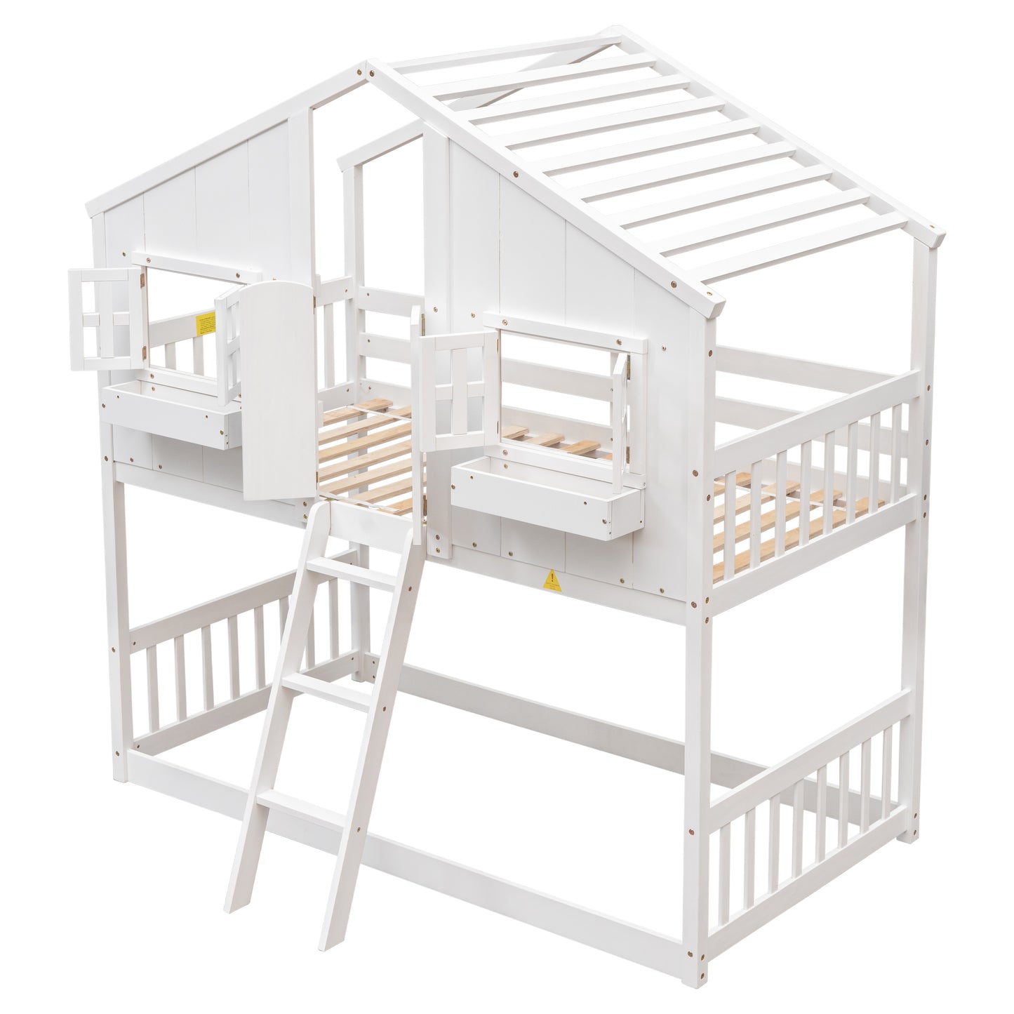 Cabin Inspired Kids' White Bunk Bed with Roof, Window, and Door