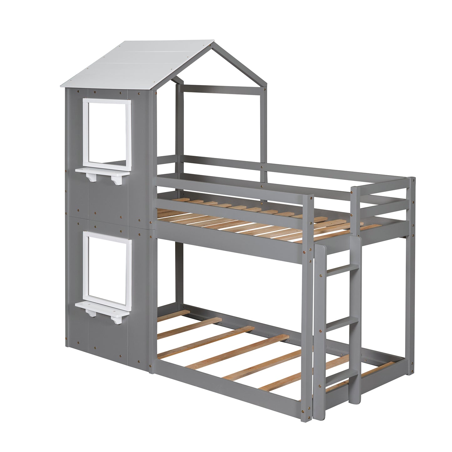 Twin Over Twin Playhouse Bunk Bed with Pitched Roof and Window (White)