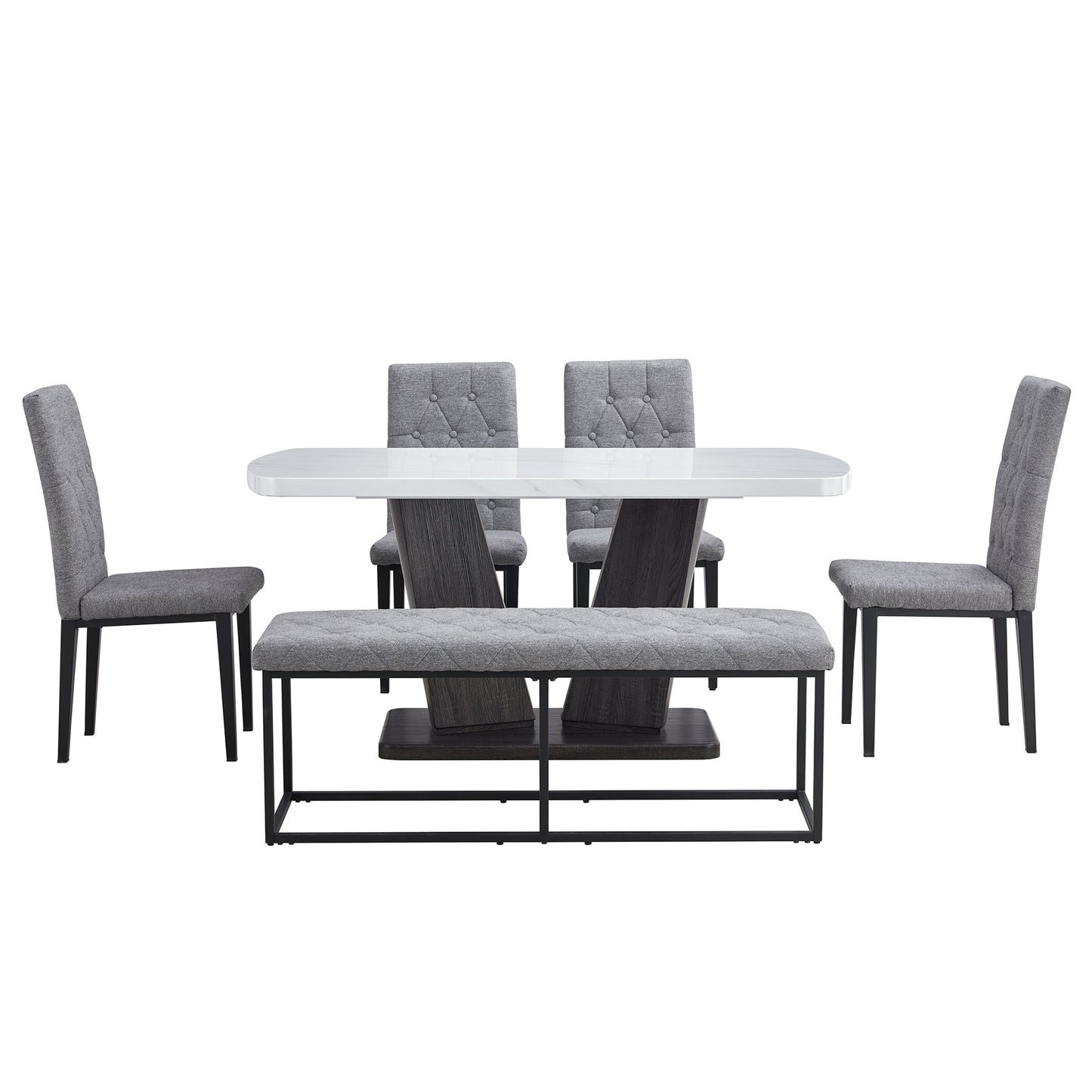 63" Modern Style 6-piece Dining Table with 4 Chairs & 1 Bench, Table with Marbled Veneers Tabletop and V-shaped Table Legs (White)