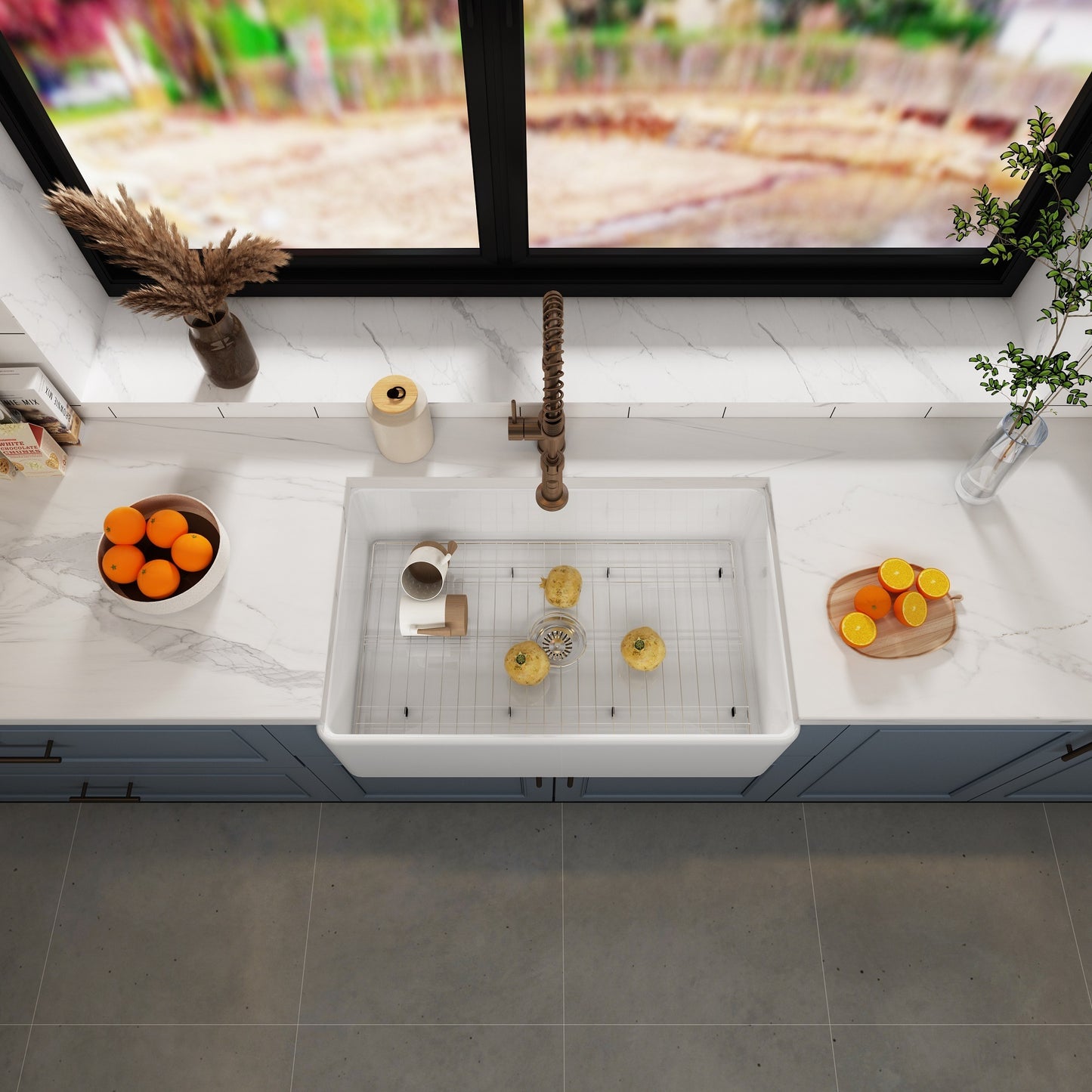 33-Inch White Fireclay Farmhouse Kitchen Sink with Single Bowl and Bottom Grid