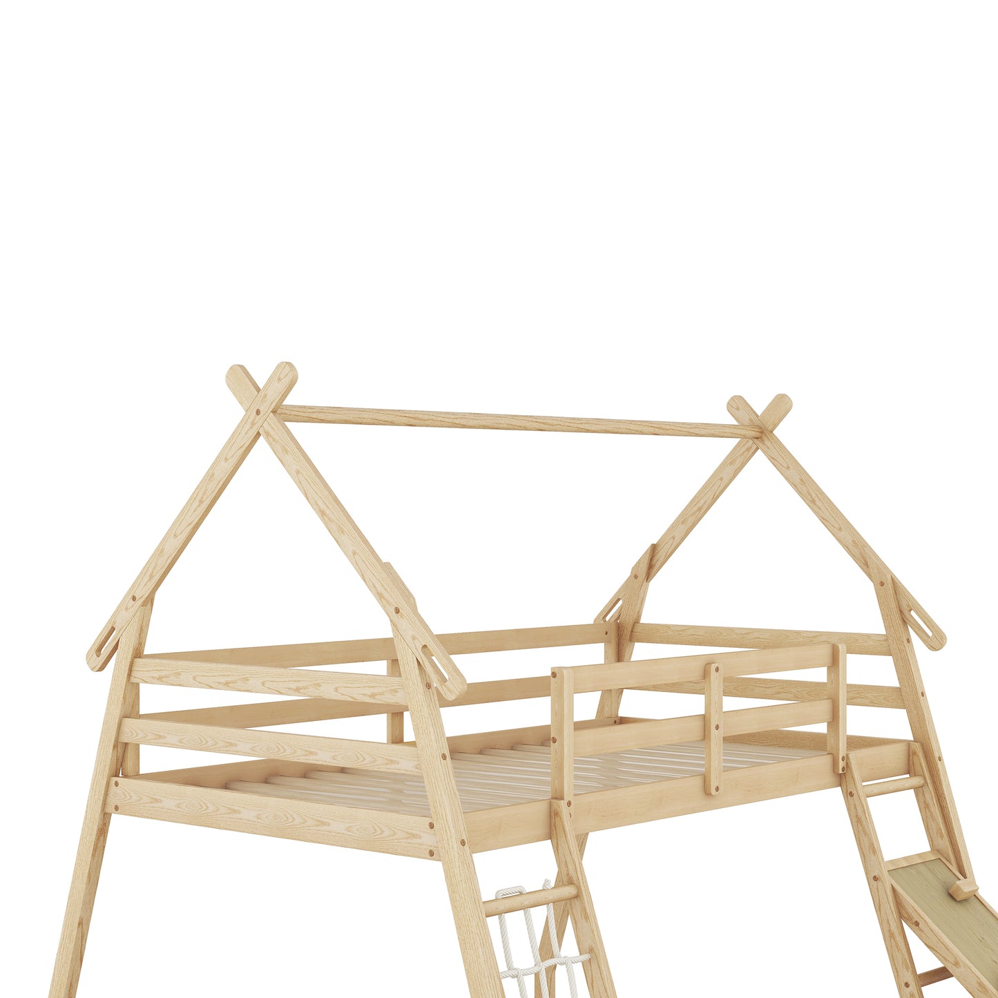 House Bunk Bed with Climbing Nets and Climbing Ramp for Twin and Queen Size, Natural