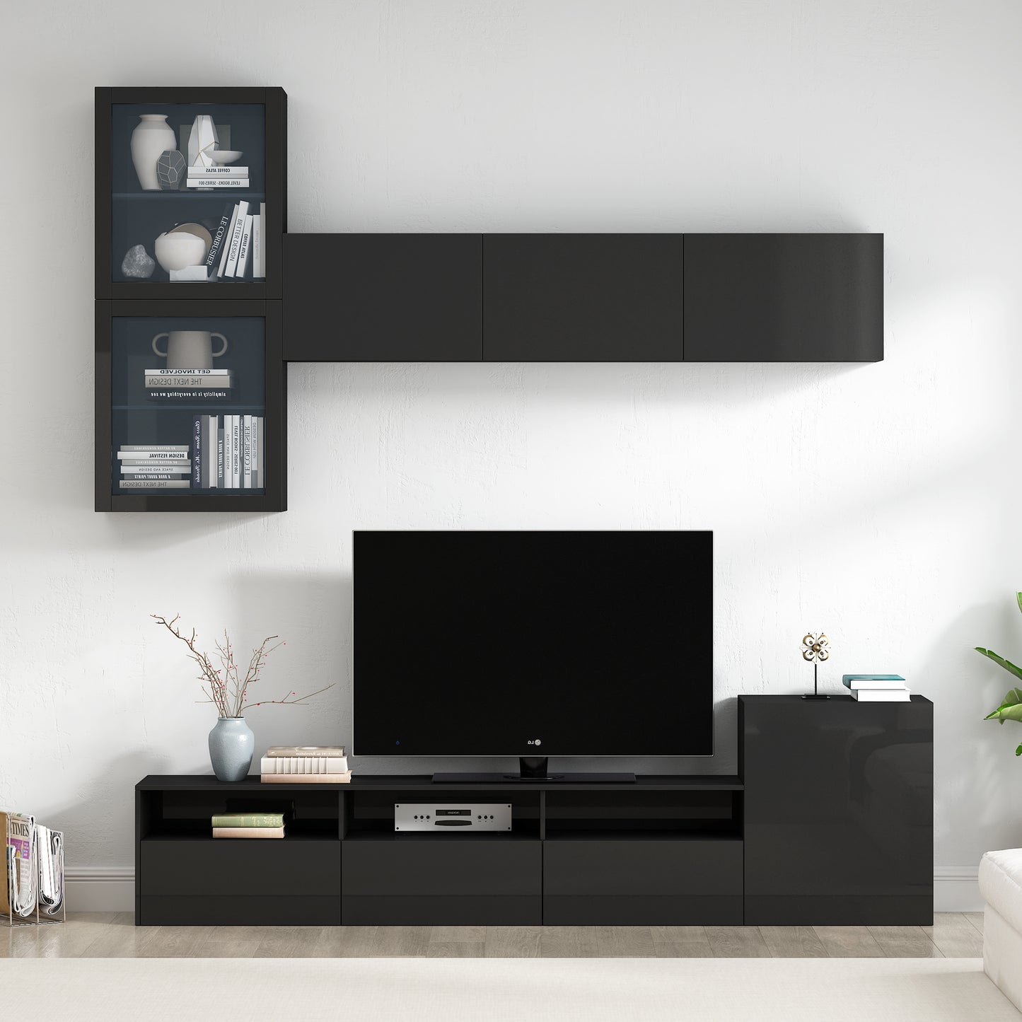 Modern Black High Gloss TV Stand with 9 Storage Cabinets