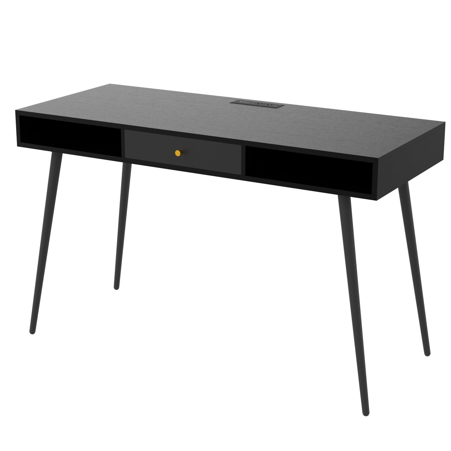 Sleek Black Mid Century Desk with USB Ports, Power Outlet, and Drawers