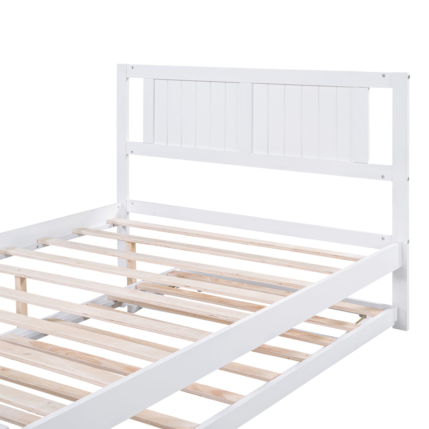 Full Size Platform Bed with Adjustable Trundle,White