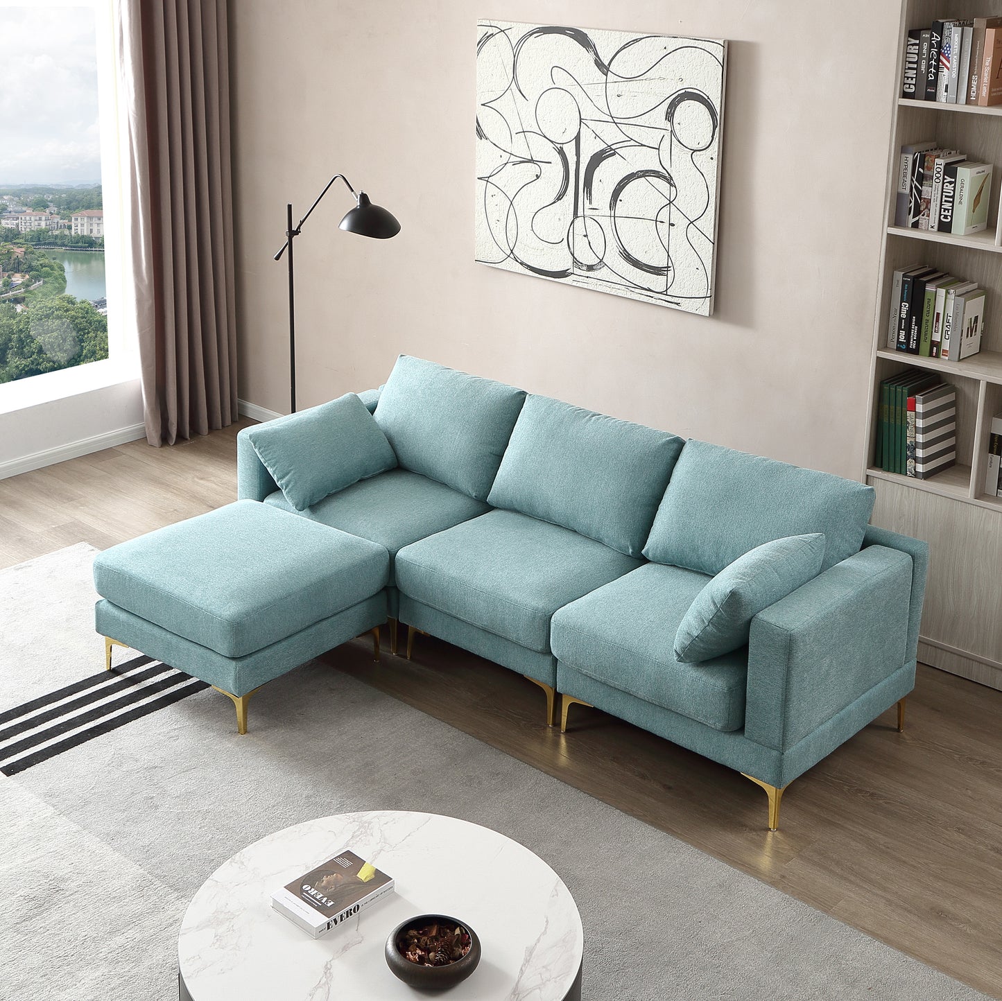 ADF Living Room Furniture Modern Leisure L Shape Couch Turquoise Fabric