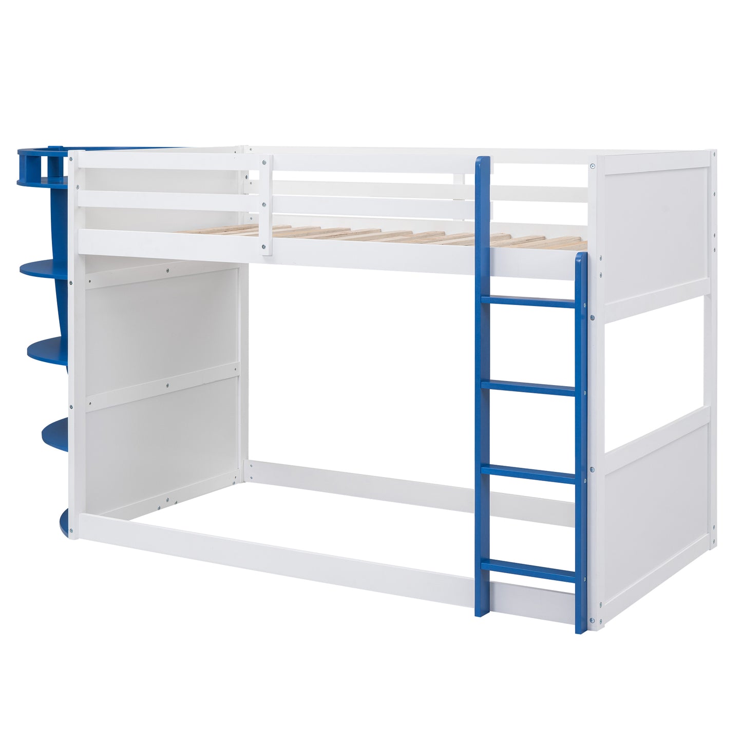 White and Blue Boat-Inspired Twin over Twin Bunk Bed with Storage Shelves