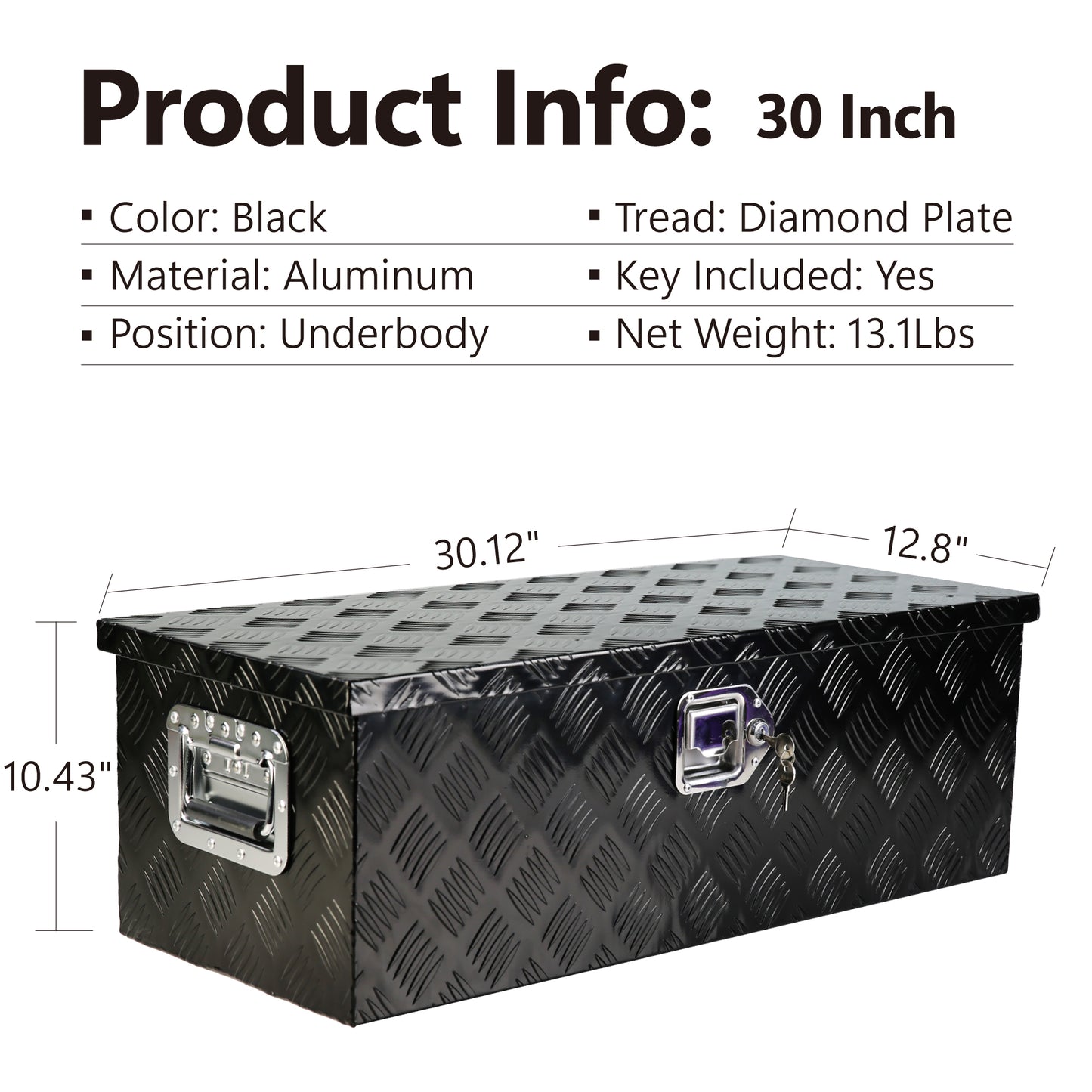 30 Inch Heavy Duty Black Aluminum 5 Bar Tread Tool long Box Truck Pickup Trailer Toolbox Underbody Storage+Lock+Keys (30.1"×12.8"×10.4")