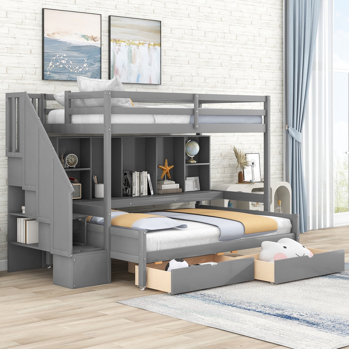 Gray Twin XL over Full Bunk Bed with Study Desk and Storage Solution