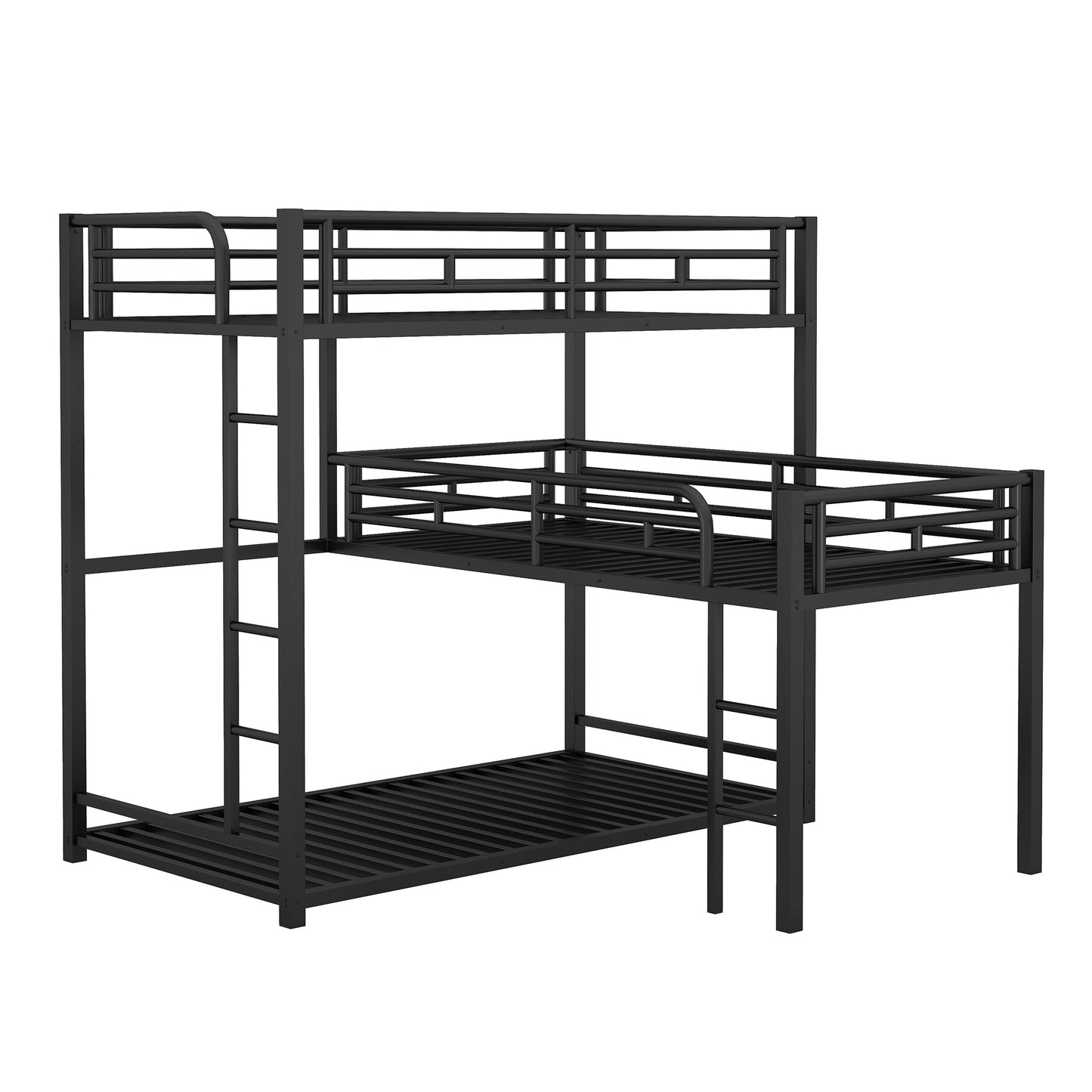 Black Metal Triple Bunk Bed with Desk and L-shaped Design