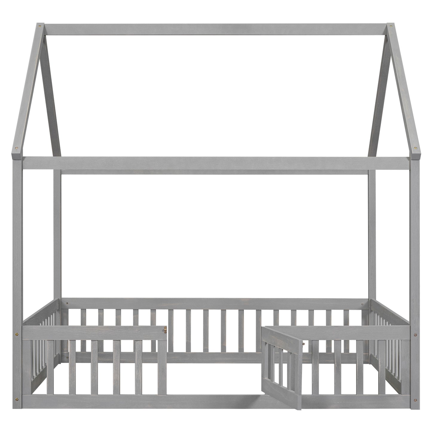 Full Size Wood House Bed with Fence and Door, Gray Wash