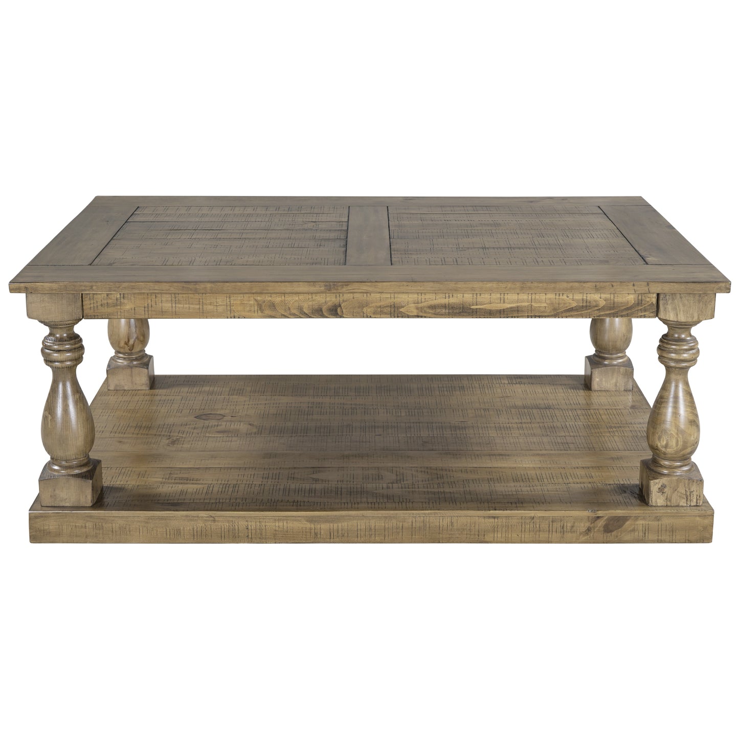 Rustic Pine Wood Coffee Table with Baluster Column Posts and Lower Storage Shelf