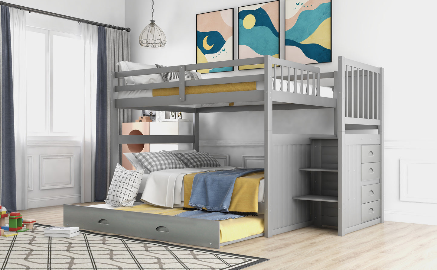 Gray Stairway Full-Over-Full Bunk Bed with Twin Trundle and Storage