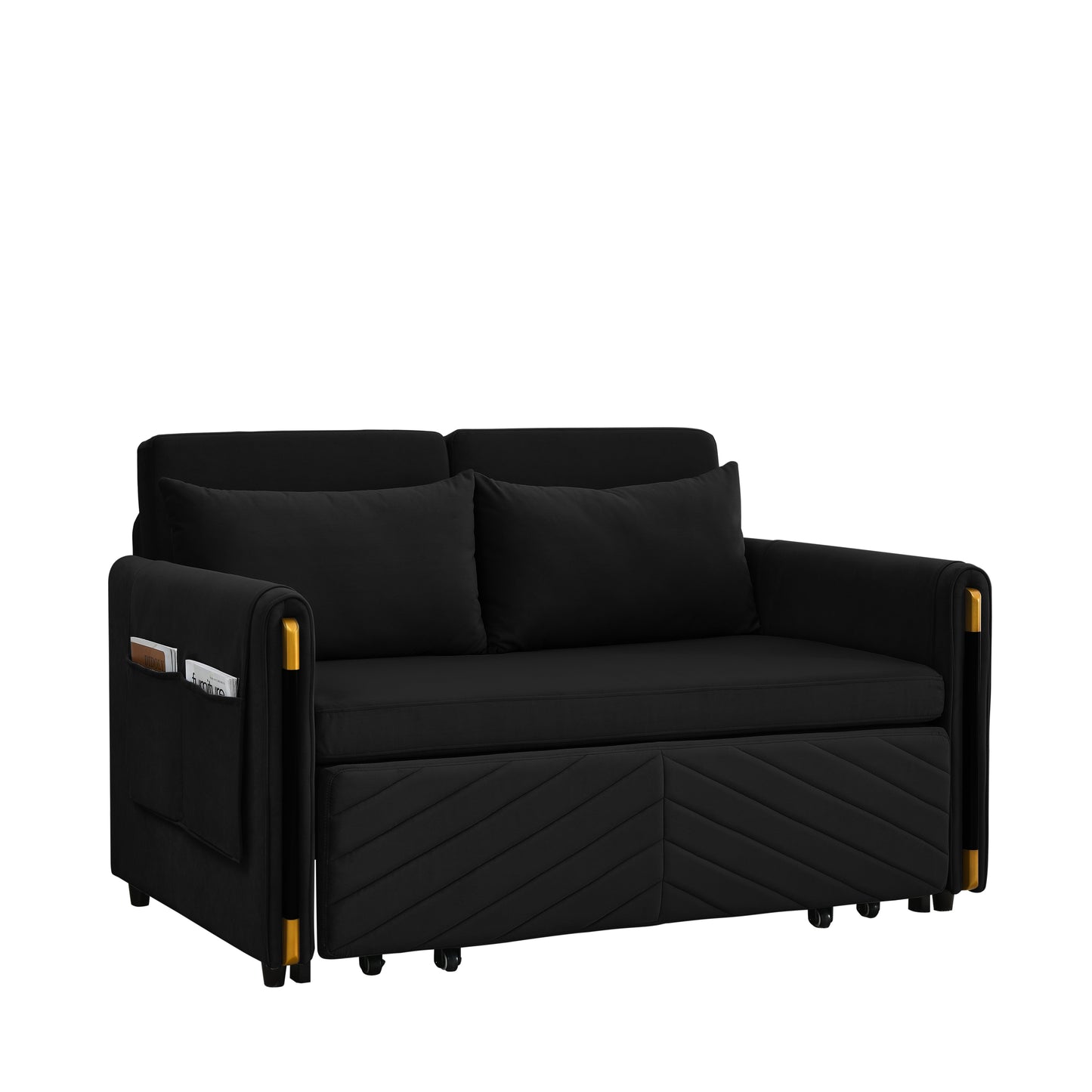 MH 54" Modern Convertible Sofa Bed with 2 Detachable Arm Pockets, Velvet Loveseat Sofa with Pull Out Bed, 2 Pillows and Living Room Adjustable Backrest, Grid Design Armrests, Black