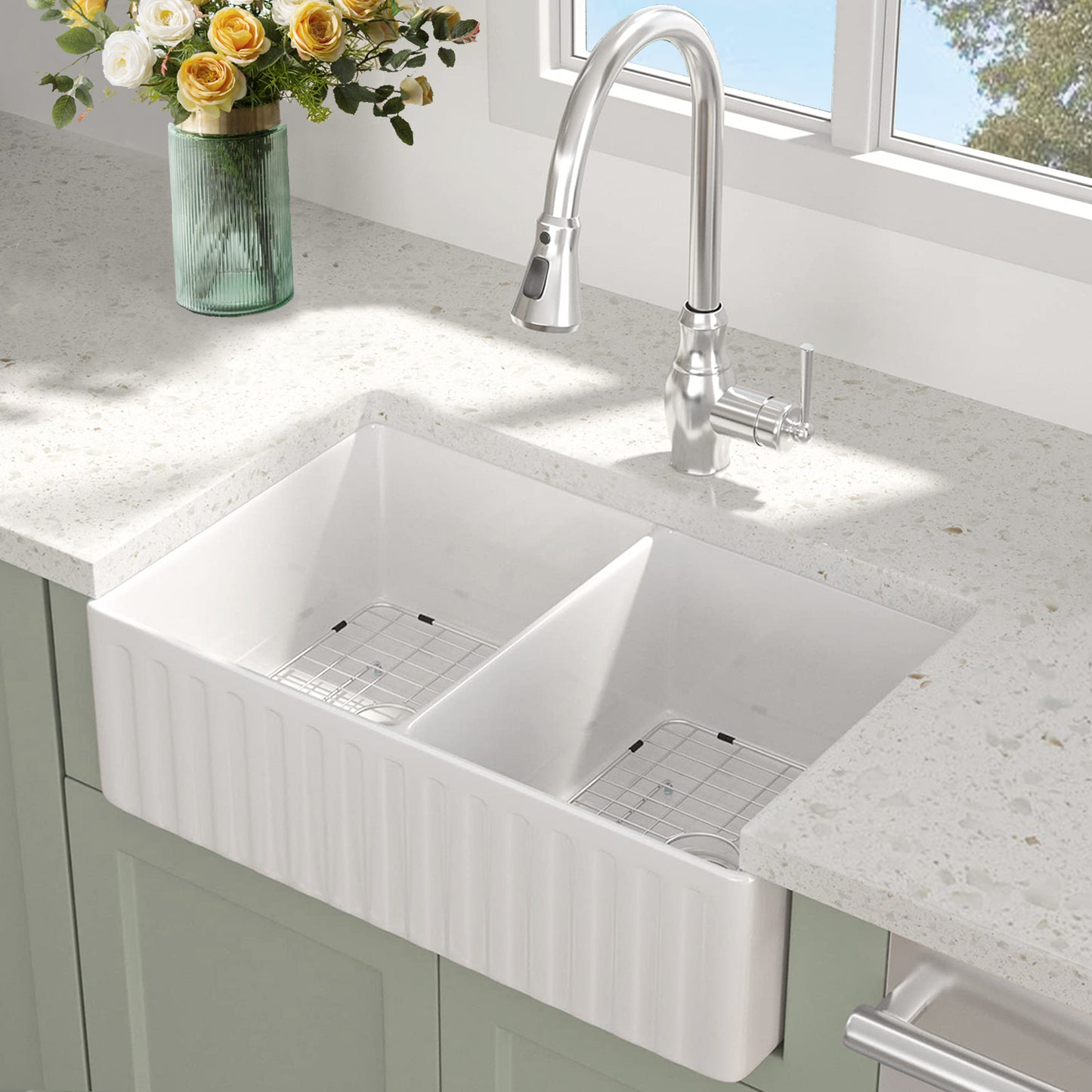 Fireclay Double Basin Farmhouse Kitchen Sink: 33 L X 18 W With Grid And Strainer