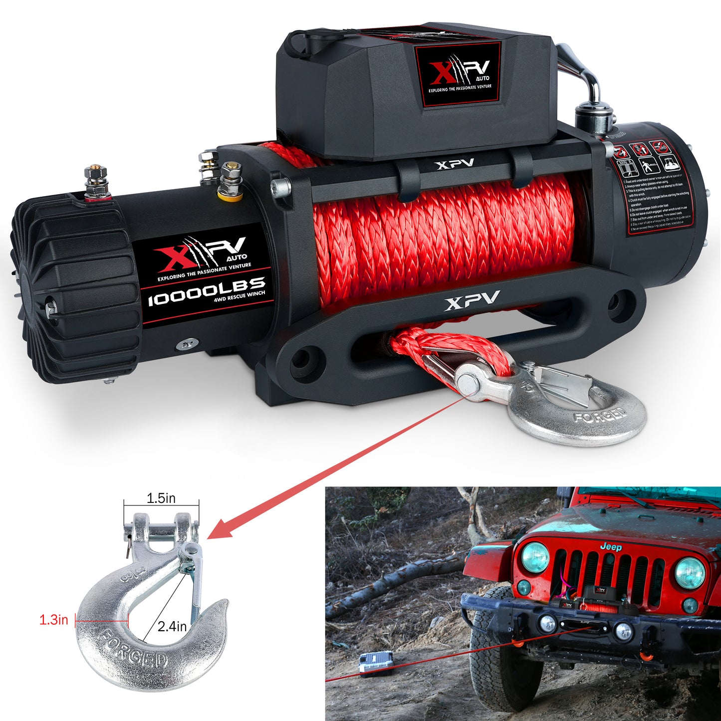 Electric Winch 10000 LBS 12V Synthetic Rope Load Capacity Red Rope Jeep Towing Truck Off Road