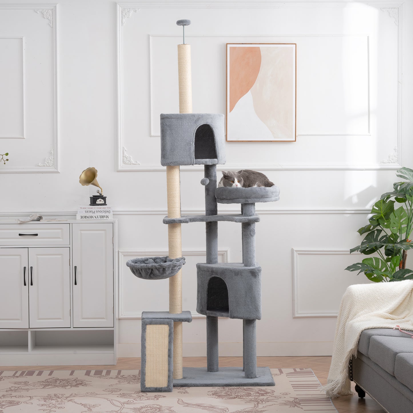 Cat Tree, 105-Inch Cat Tower for Indoor Cats, Plush Multi-Level Cat Condo with 3 Perches, 2 Caves, Cozy Basket and Scratching Board, GRAY COLOR