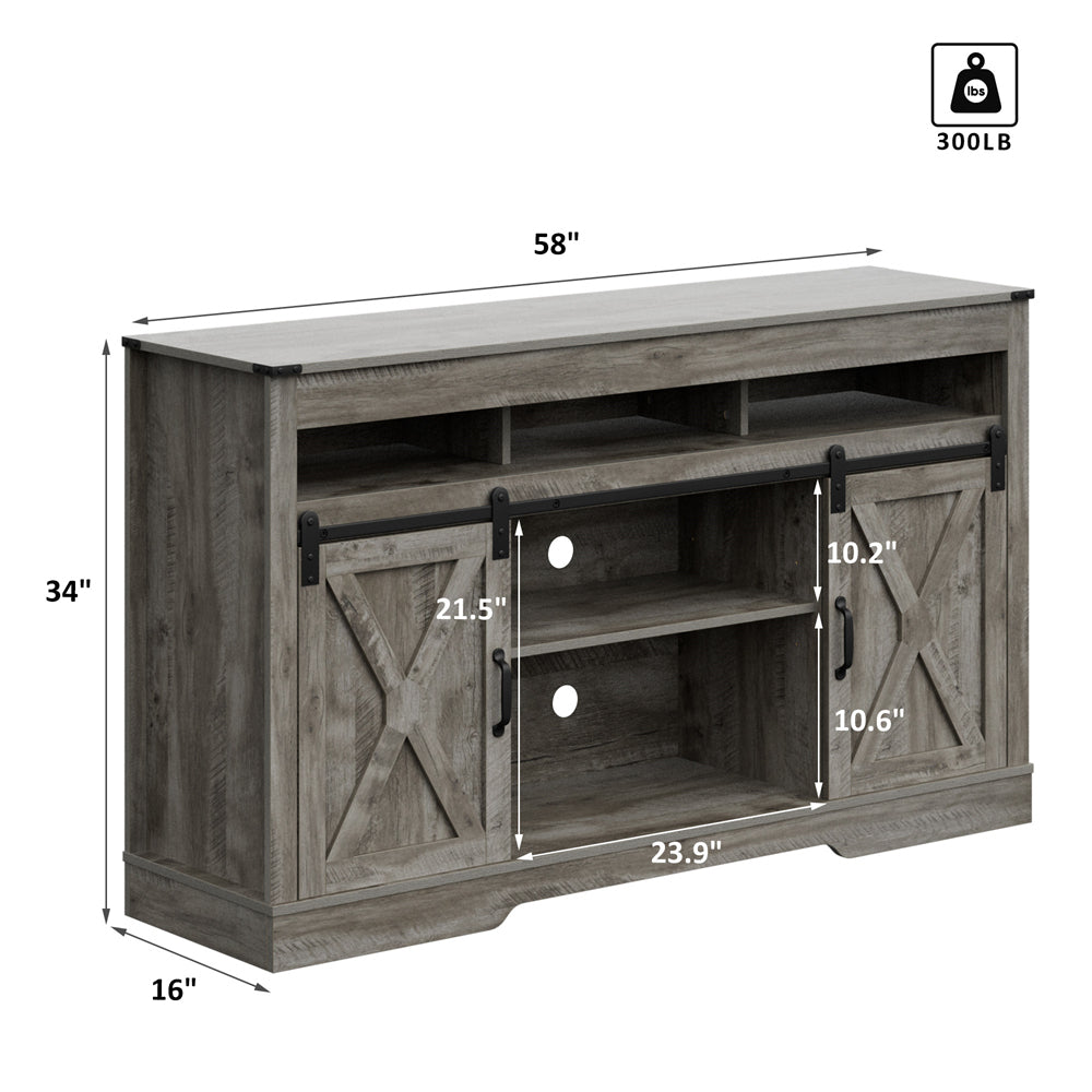 Adjustable Light Gray Barn Door TV Stand with Storage Shelves