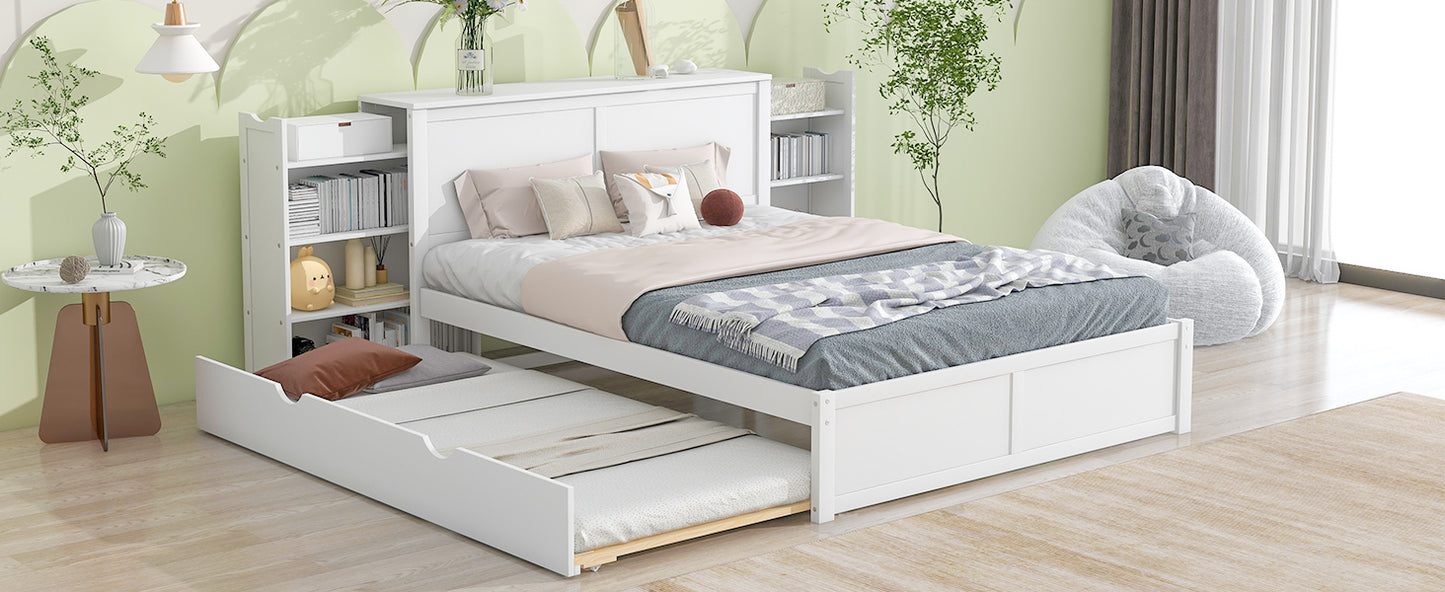 Queen Size Storage Platform Bed with Pull Out Shelves and Twin  XL Size Trundle, White