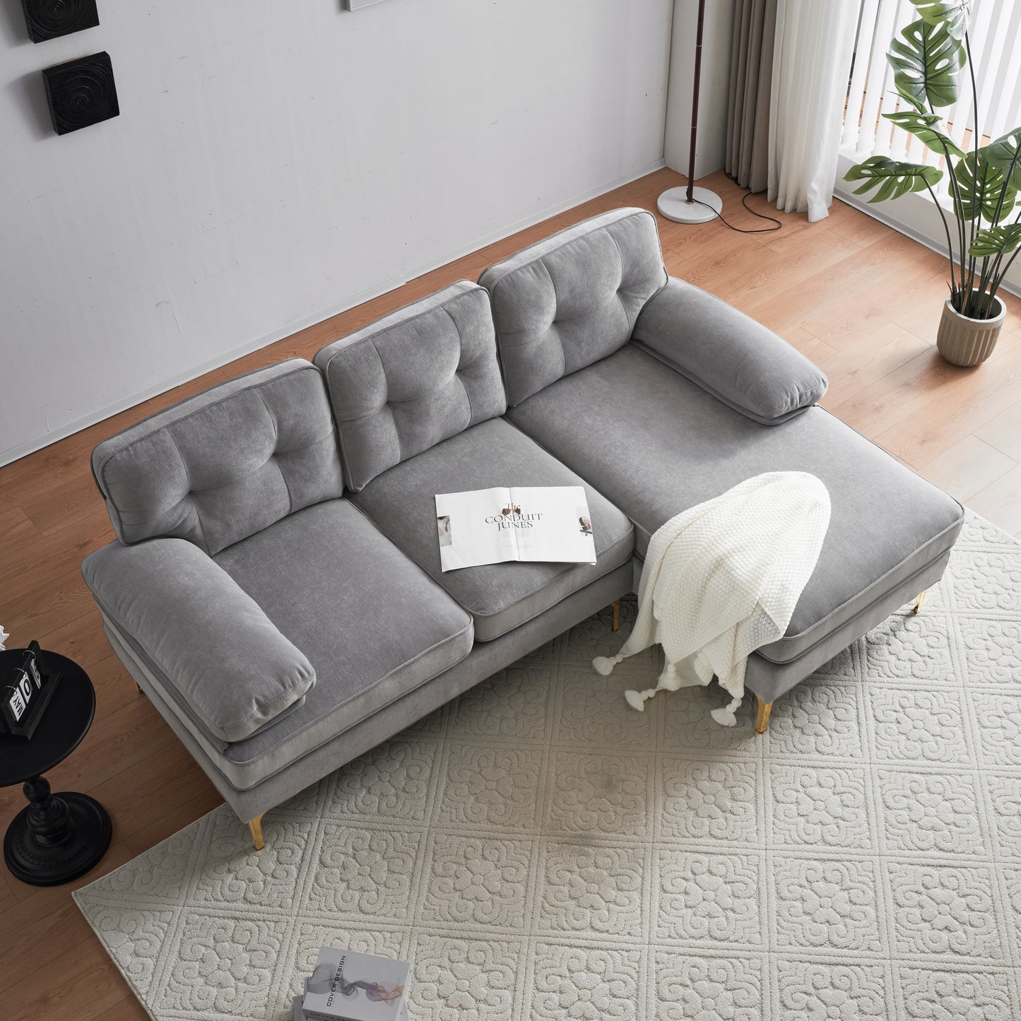 Modern Velvet L-Shaped Sectional Sofa in Light Grey