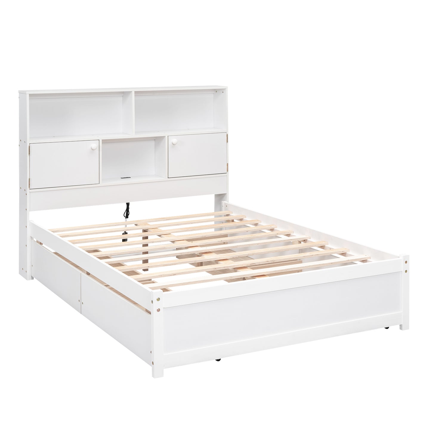 Full Size Platform Bed with Storage Headboard, Charging Station and 4 Drawers, White