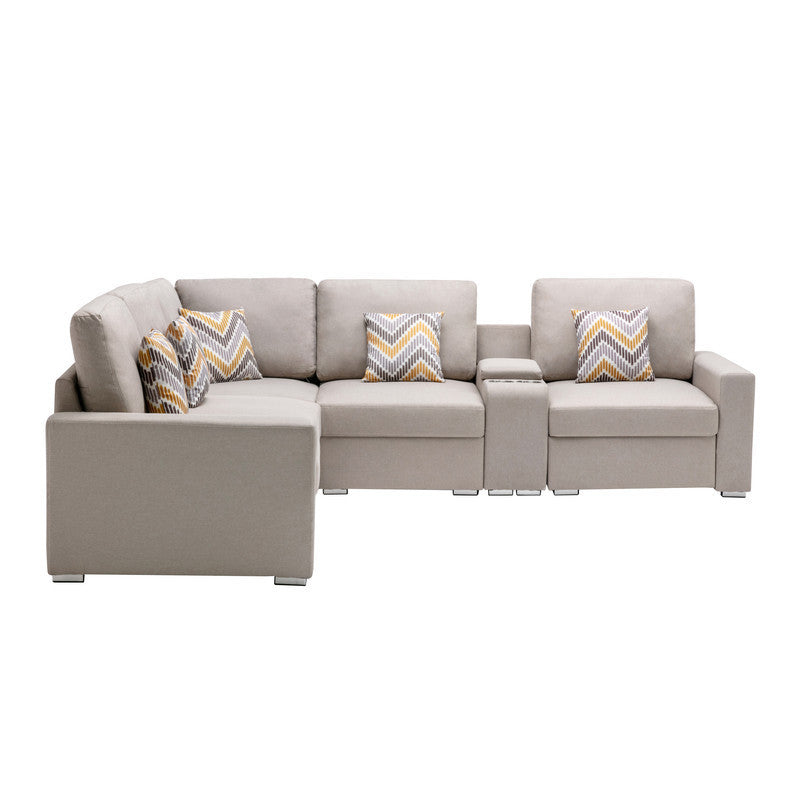 Beige Linen Fabric 6-Piece Reversible Sectional Sofa with USB, Cupholders, Storage Console Table and Pillows