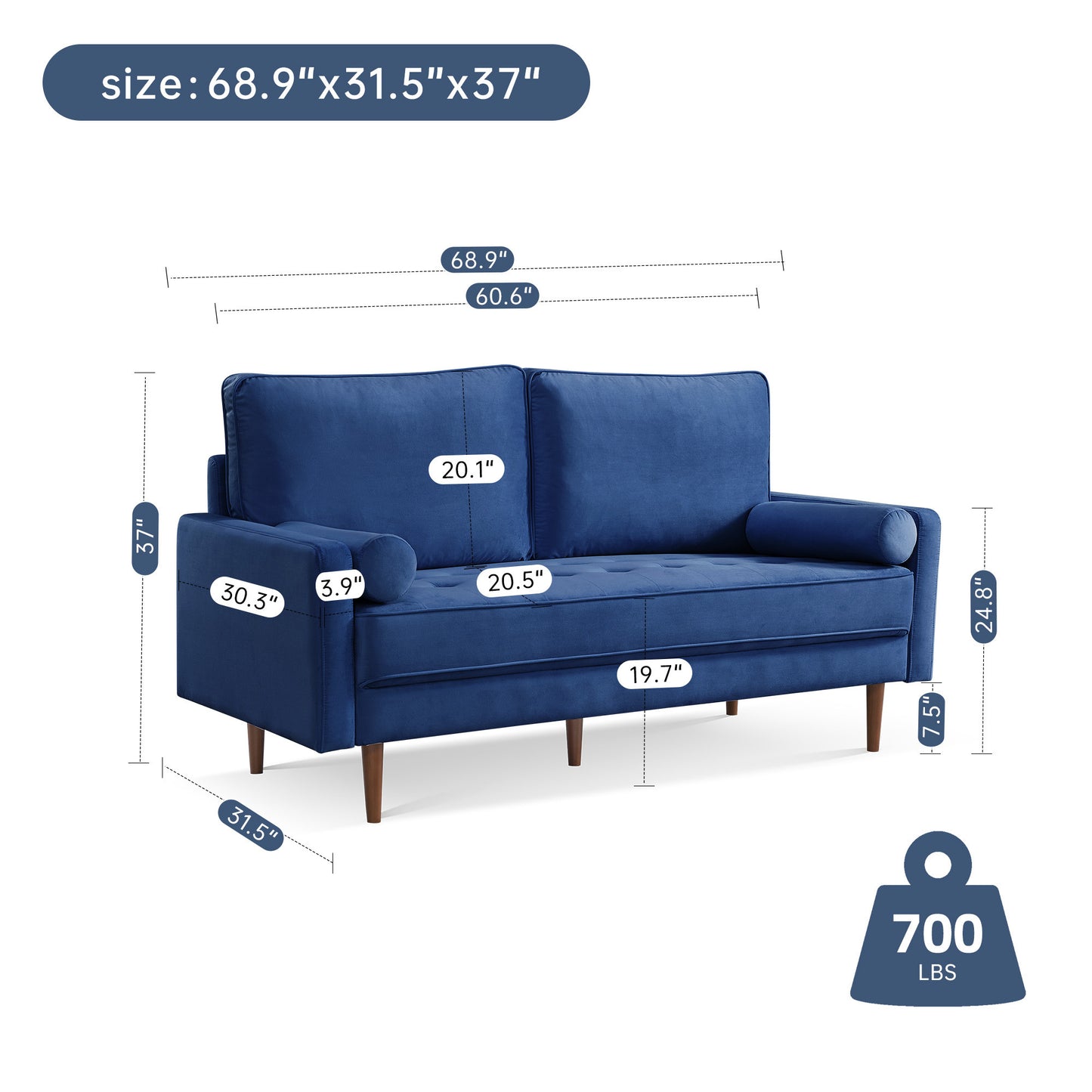 Modern Blue Velvet Loveseat Sofa with Bolster Pillows