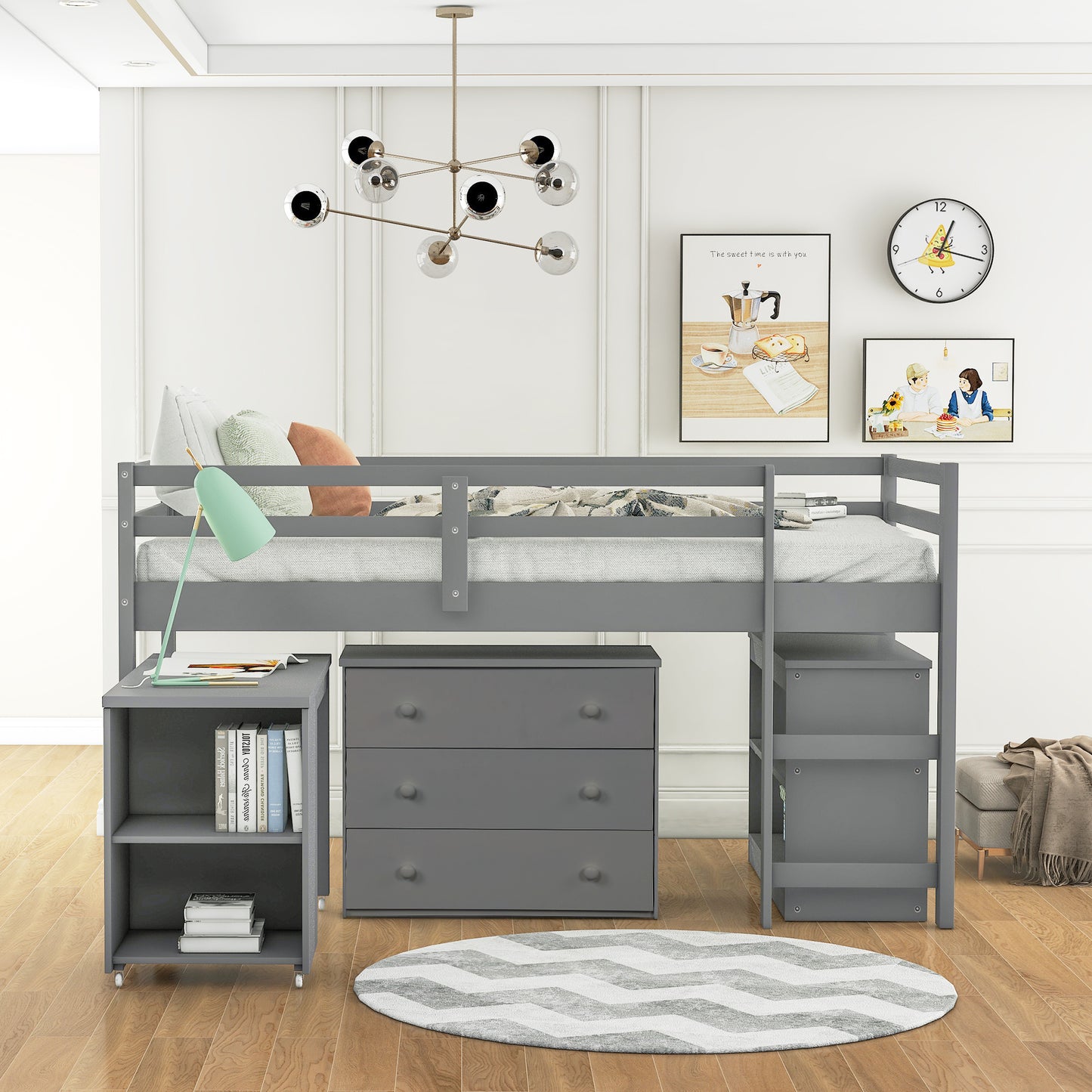 Low Study Twin Loft Bed with Cabinet and Rolling Portable Desk - Gray