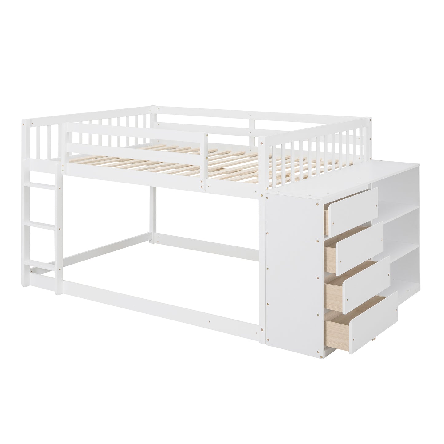 White Full over Full Bunk Bed with Storage, Shelves, and Drawers