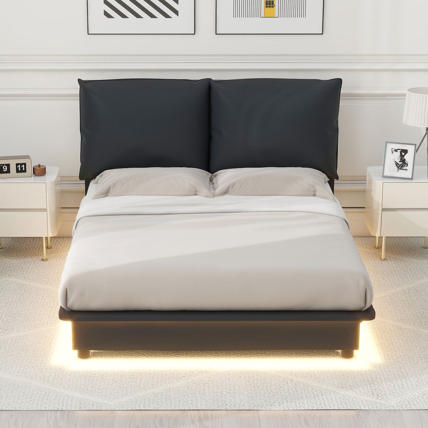 Full Size Upholstered Platform Bed with Sensor Light and Ergonomic Design Backrests, Black