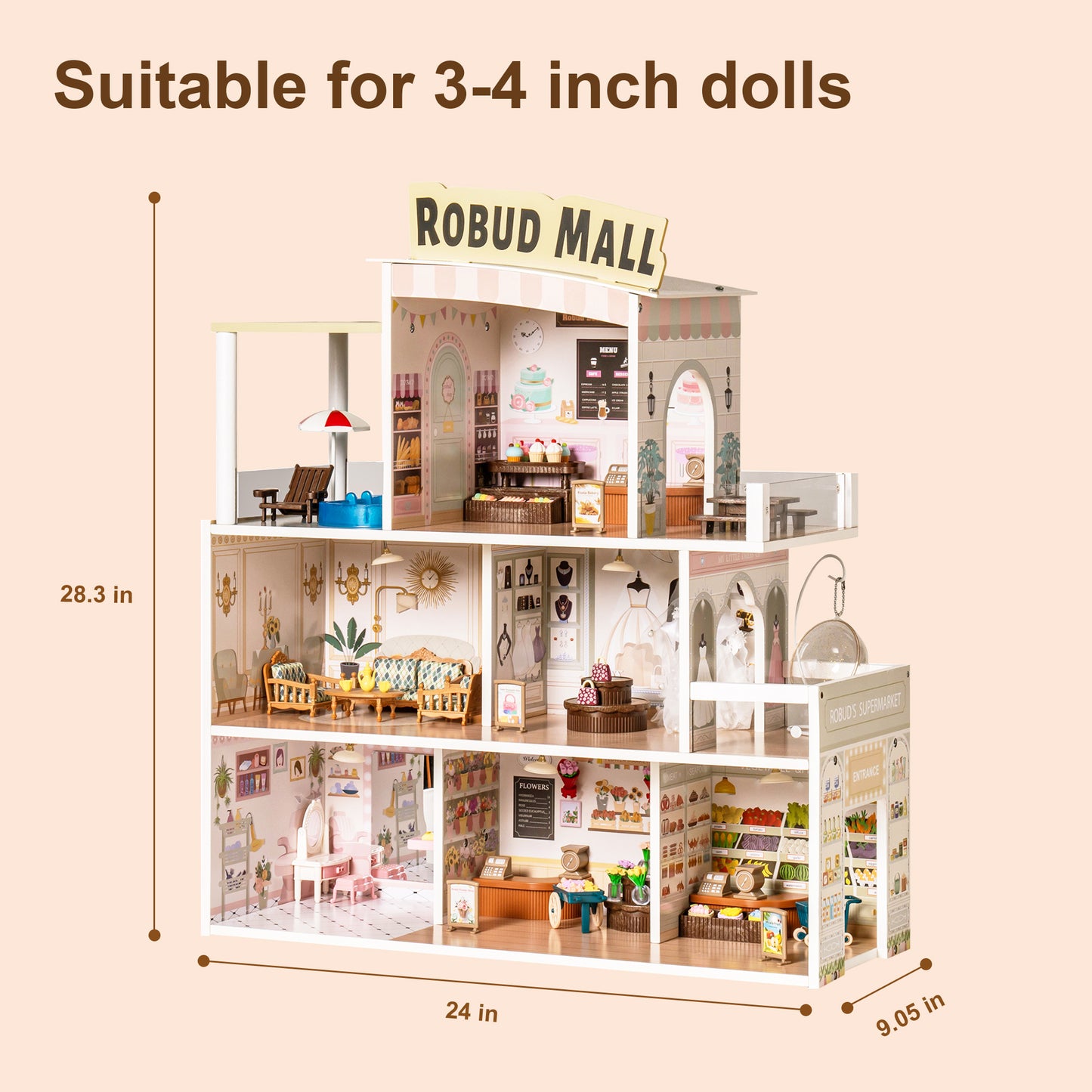 Wooden Shopping Mall Dollhouse with Functional Areas for Imaginative Play