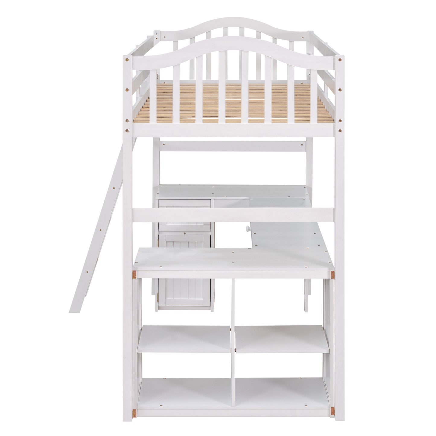 Twin size Loft Bed with Drawers, Cabinet, Shelves and Desk, Wooden Loft Bed with Desk - White( :LT000505AAK)