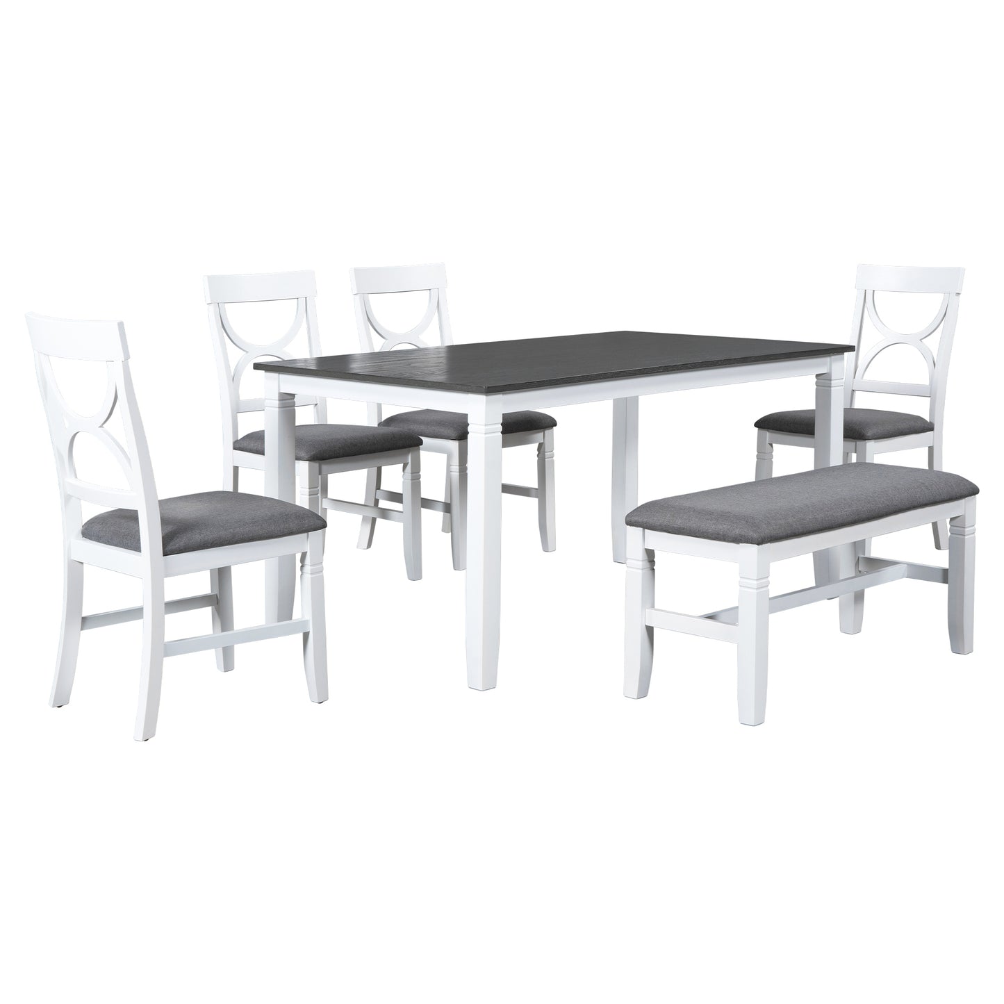 6-Piece Wood Dining Table Set Kitchen Table Set with Upholstered Bench and 4 Dining Chairs, Farmhouse Style,Gray+White