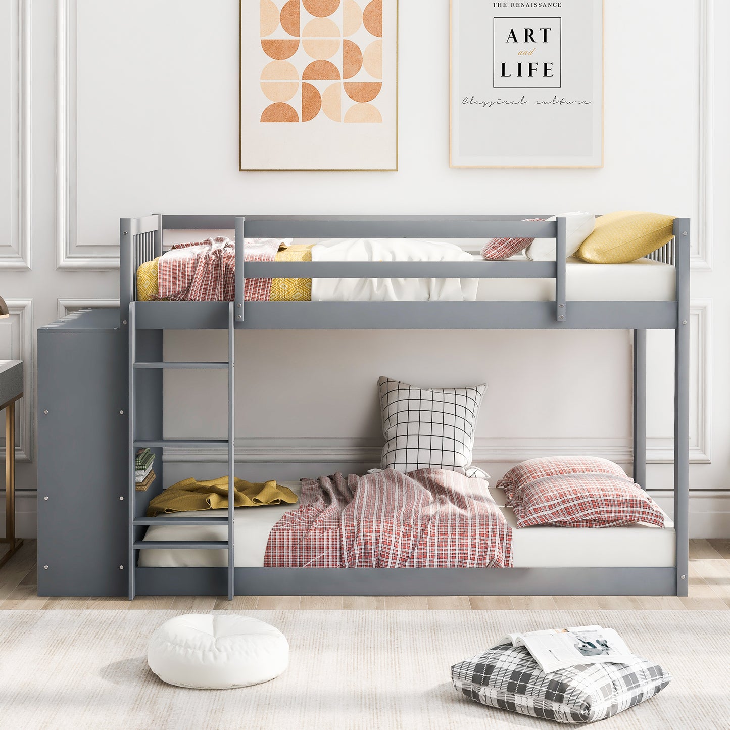 Gray Space-Saving Twin Bunk Bed with Storage Cabinet and Shelves