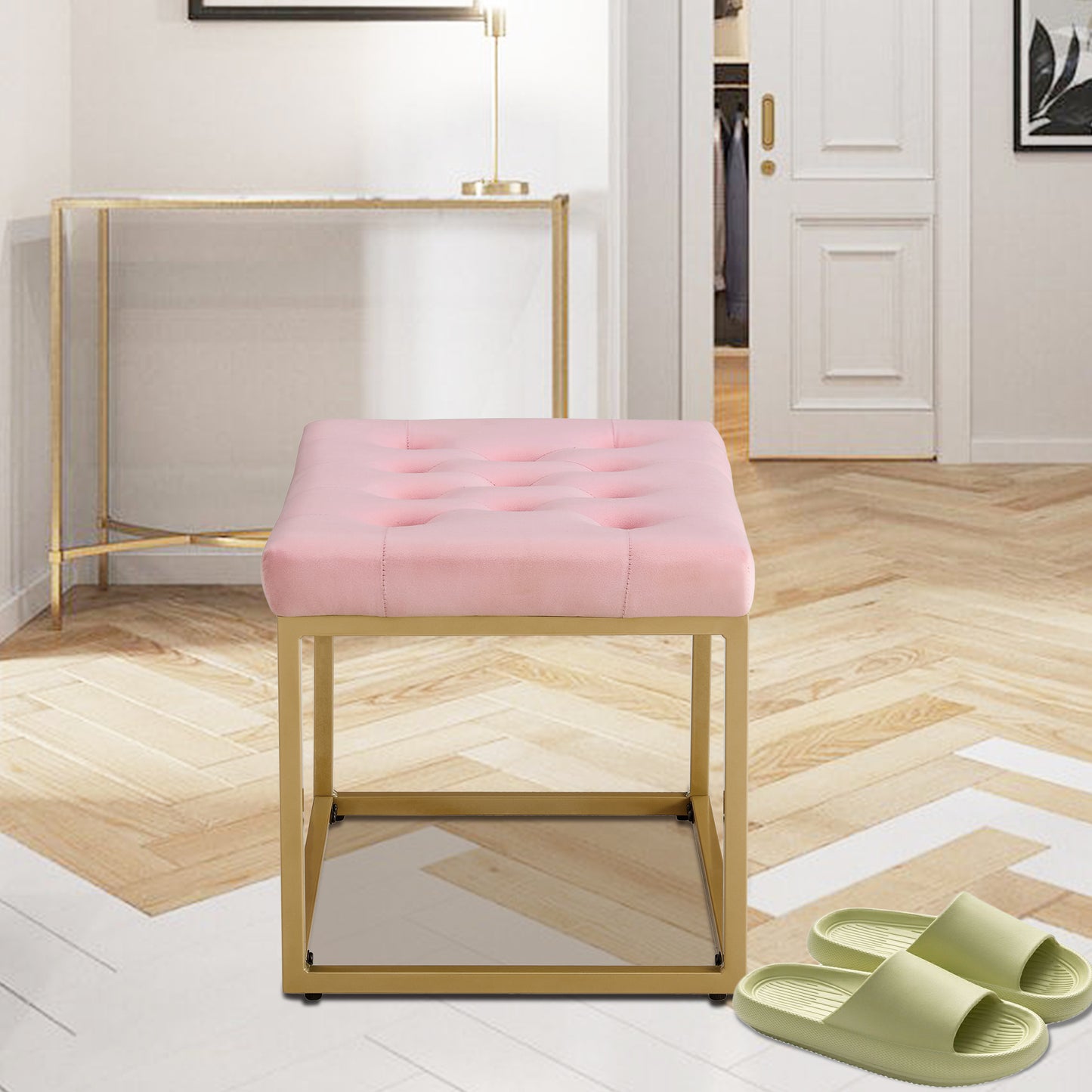 Chair Velvet Shoe Changing Stool, Footstool, Square Cushion Foot Stool, Sofa stool, Rest stool,Low Stool .Step Stool, Small Footrest .Suitable for Clothes Shop,Living Room, Porch,Pink BenchST-001-PI