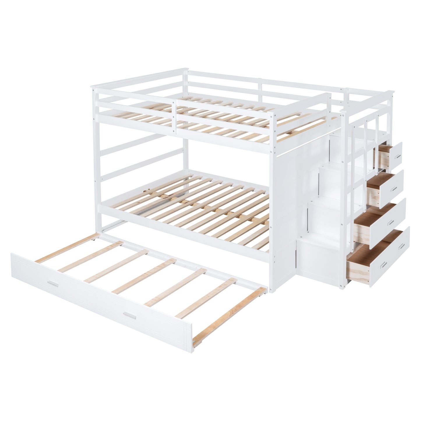 White Full-Over-Full Bunk Bed with Staircase and Trundle