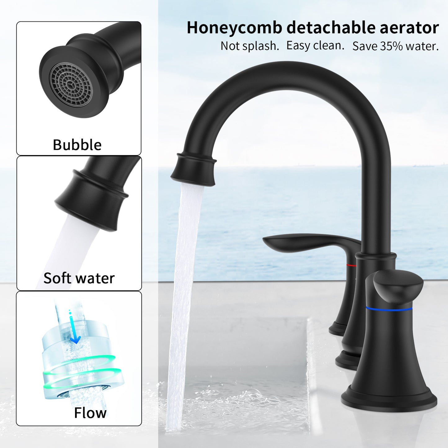 Widespread Matte Black Bathroom Faucet with 2 Handles and 360° Swivel Spout