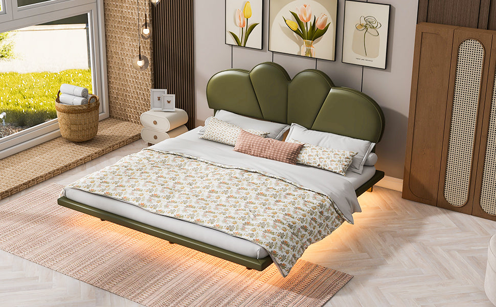 Queen Size Upholstery LED Floating Bed with PU Leather Headboard and Support Legs,Green