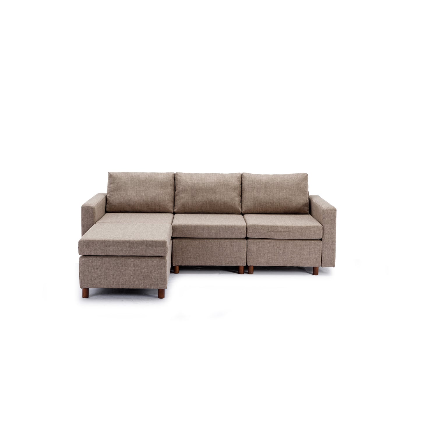 3-Seat Modular Sectional Sofa Set with Ottoman, High-Quality Linen Fabric, Brown