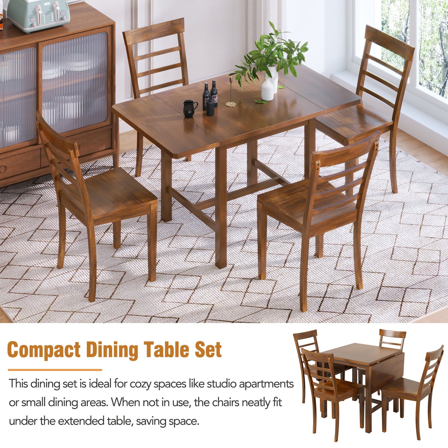 5-Piece Wood Square Drop Leaf Breakfast Nook Extendable Dining Table Set with 4 Ladder Back Chairs for Small Places, Brown