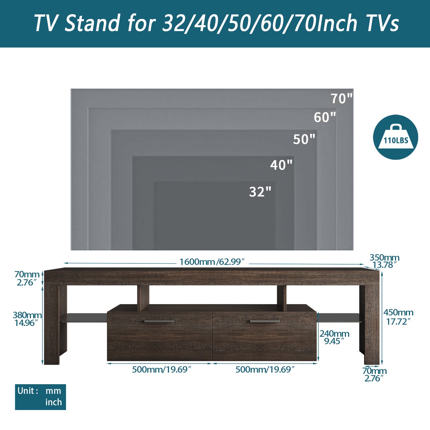 Brown Modern TV Stand with LED Lights & Toughened Glass Shelf