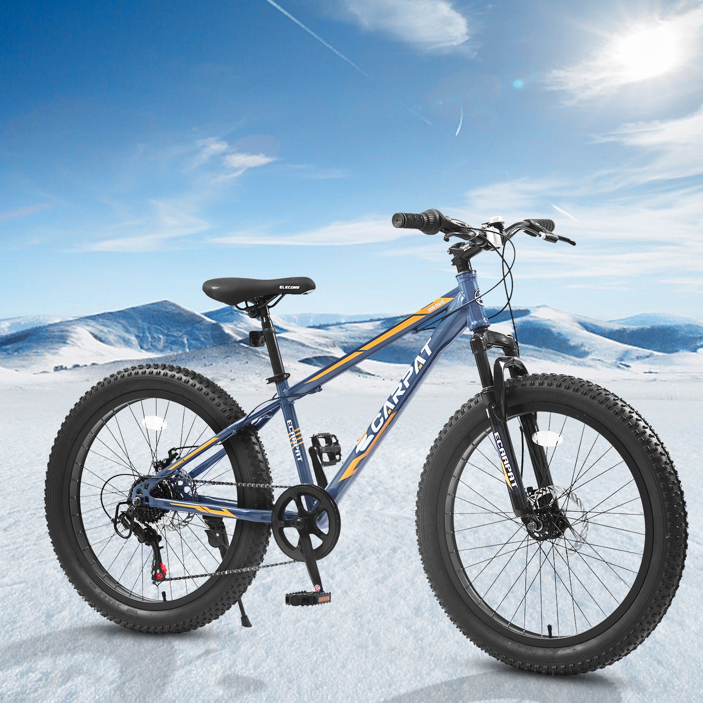 S24109 Elecony 24 Inch Fat Tire Bike Adult/Youth Full Shimano 7 Speeds Mountain Bike, Dual Disc Brake, High-Carbon Steel Frame, Front Suspension, Mountain Trail Bike, Urban Commuter City Bicycle