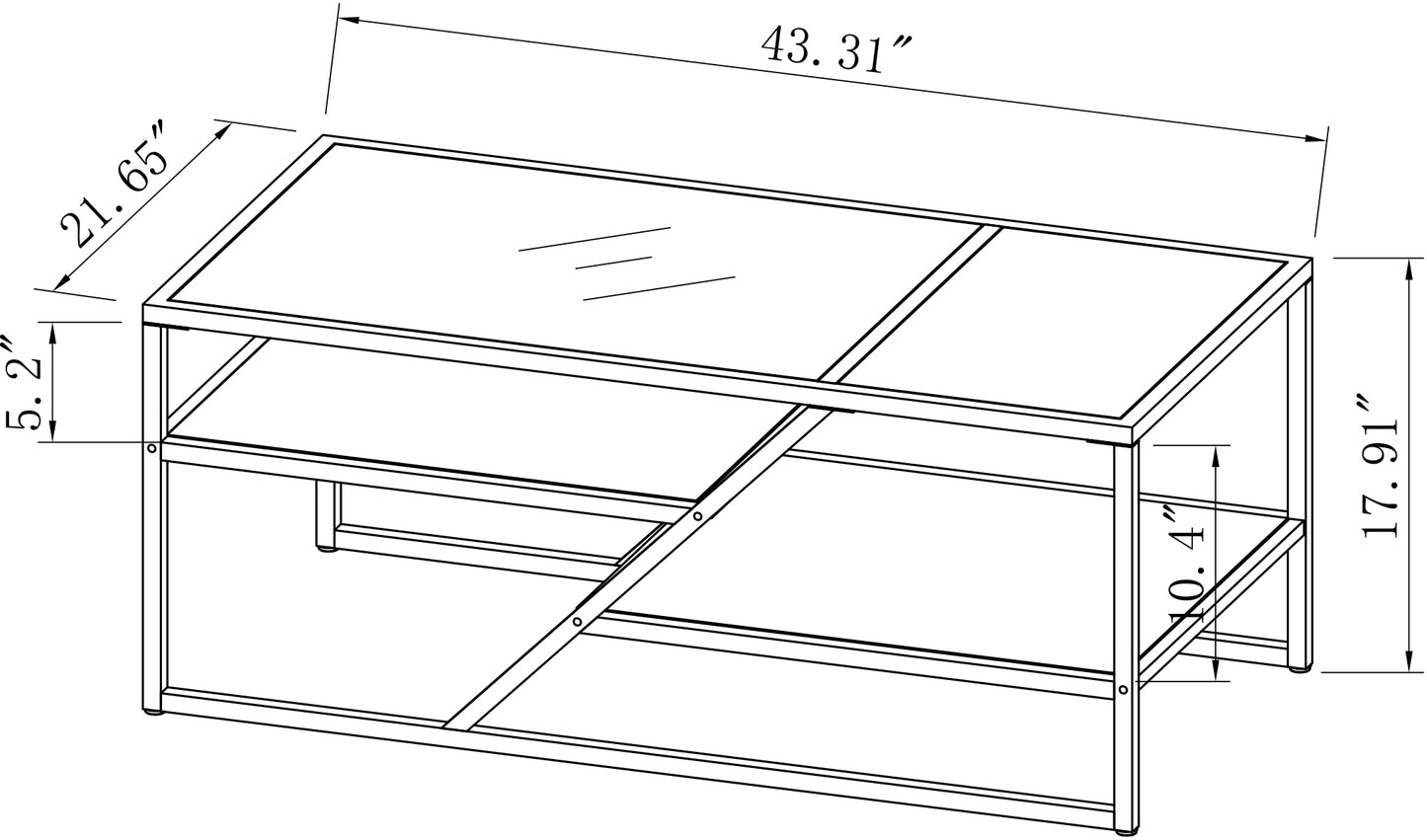 Sleek Black Coffee Table with Tempered Glass Top and Storage Shelf: Ideal for Living Room and Bedroom