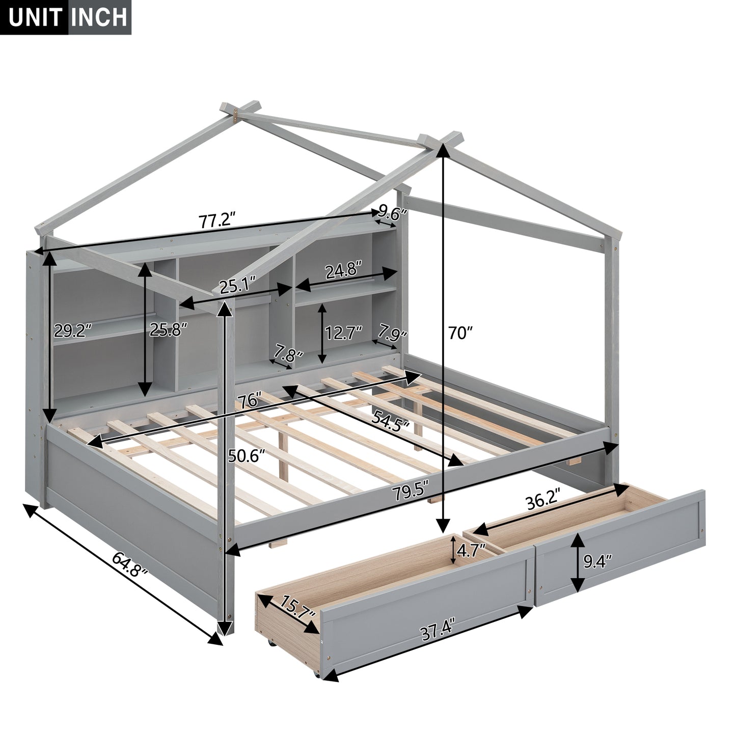 Full Size House Bed with Storage Shelves and 2 Drawers, Brushed Gray