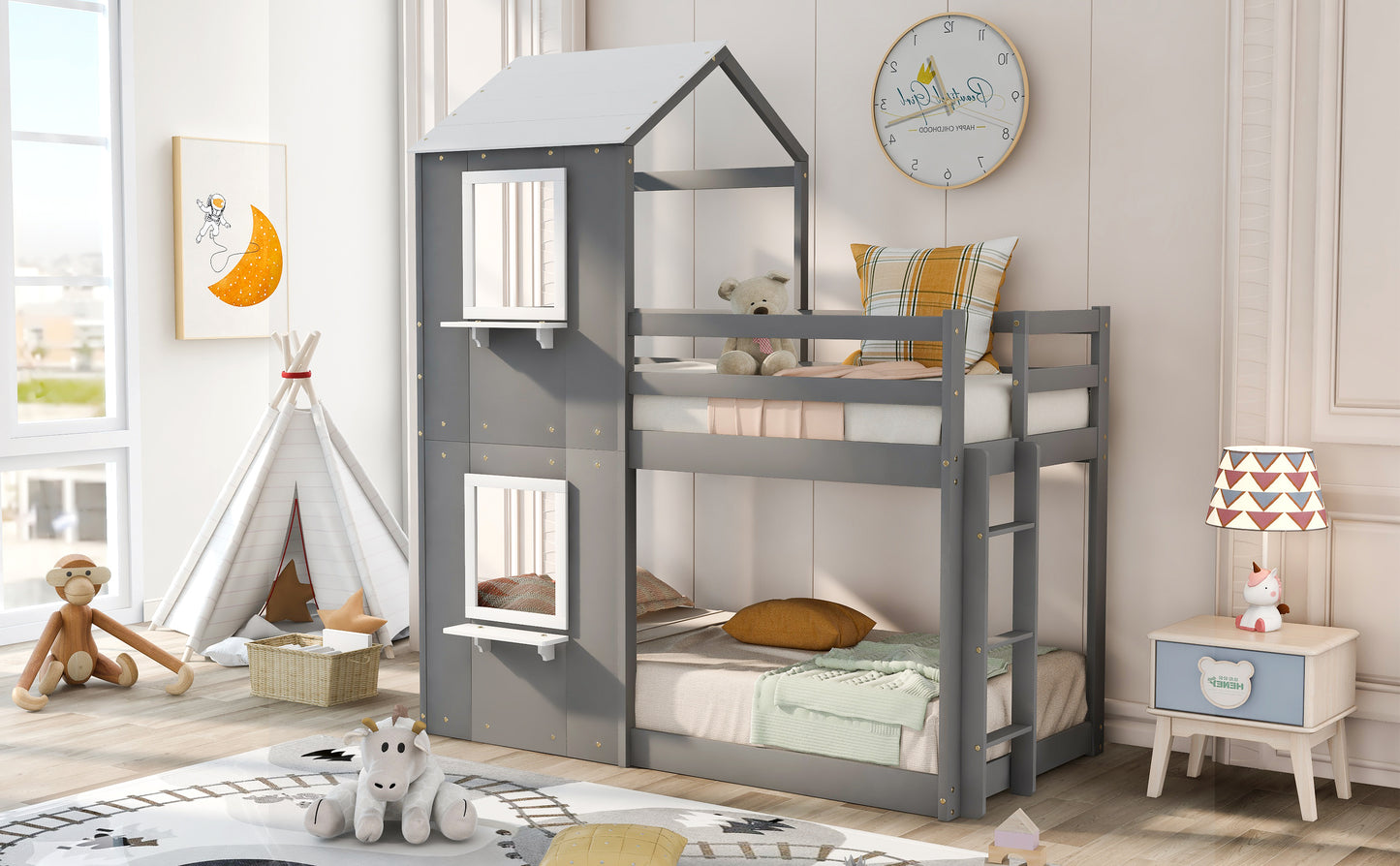 Twin Over Twin Playhouse Bunk Bed with Pitched Roof and Window (White)