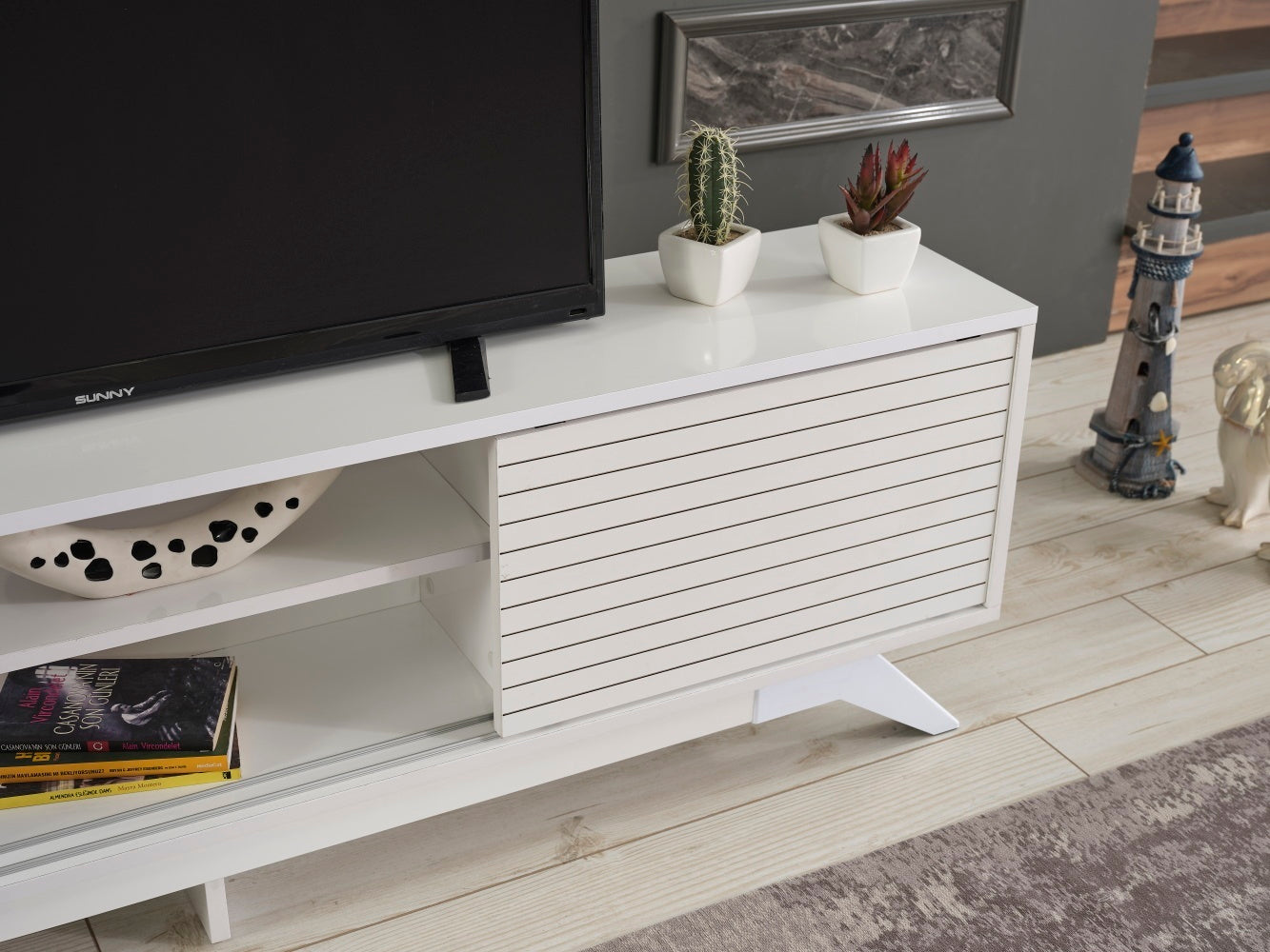 Luxia Mid Century Modern TV Stand with Storage Cabinets and Shelves in White