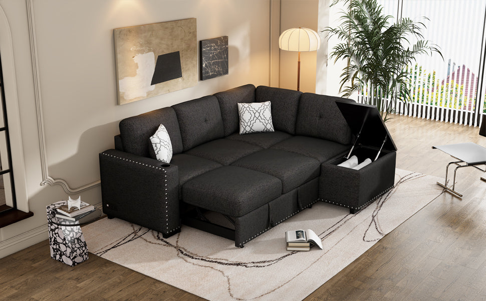 83.8 L-Shaped Reversible Sectional Sleeper Sofa with Cup Holder and USB Ports, Black