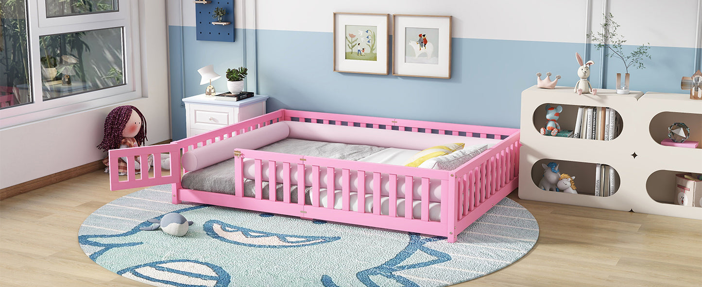 Queen Size Bed Floor Bed with Safety Guardrails and Door for Kids, Pink