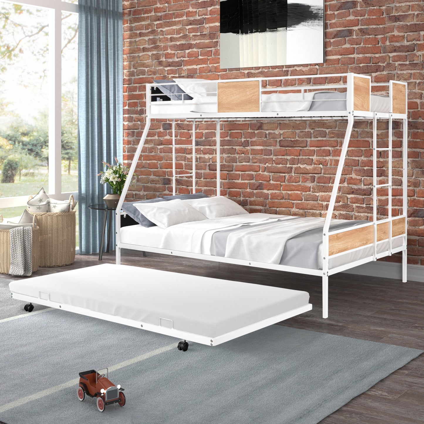 Metal Twin over Full Bunk Bed with Trundle and Safety Features