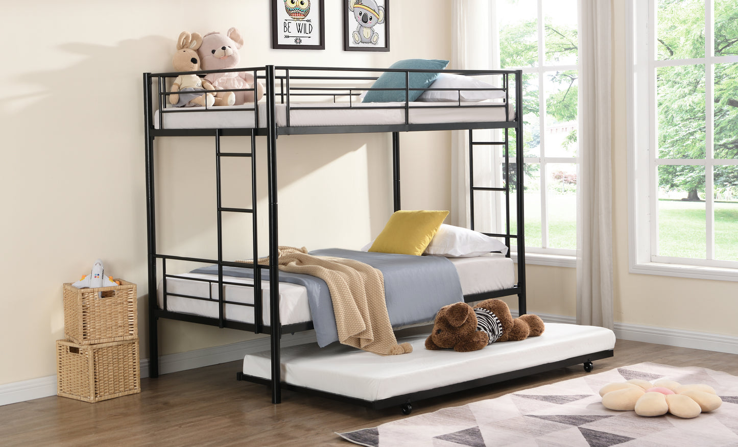 Triple Metal Bunk Bed with Trundle in Elegant Black