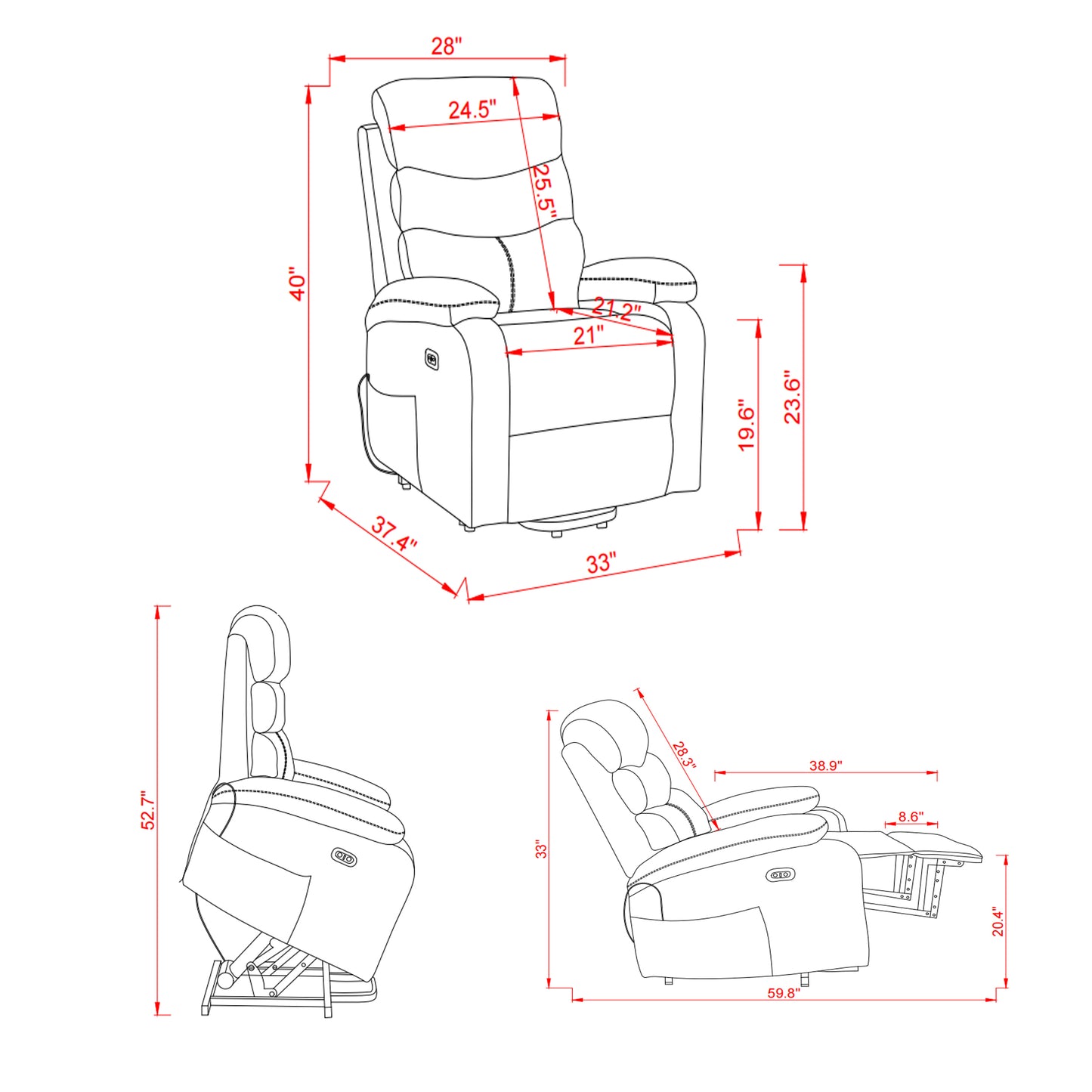 Electric Power Lift Recliner Chair with Massage and Heating - Grey Linen Fabric and USB Port